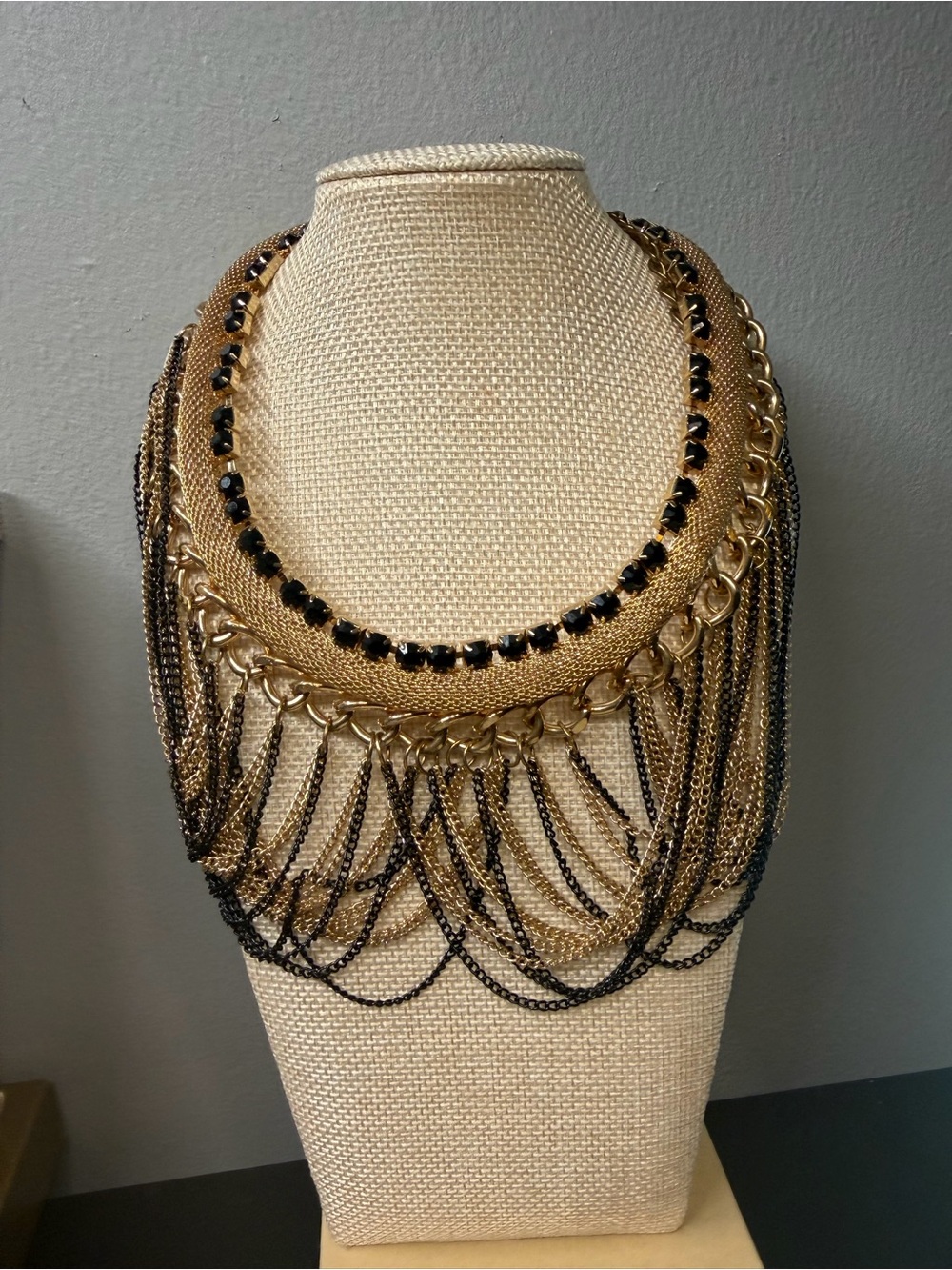 Vintage Gold Tone Black Fringe Statement Necklace |